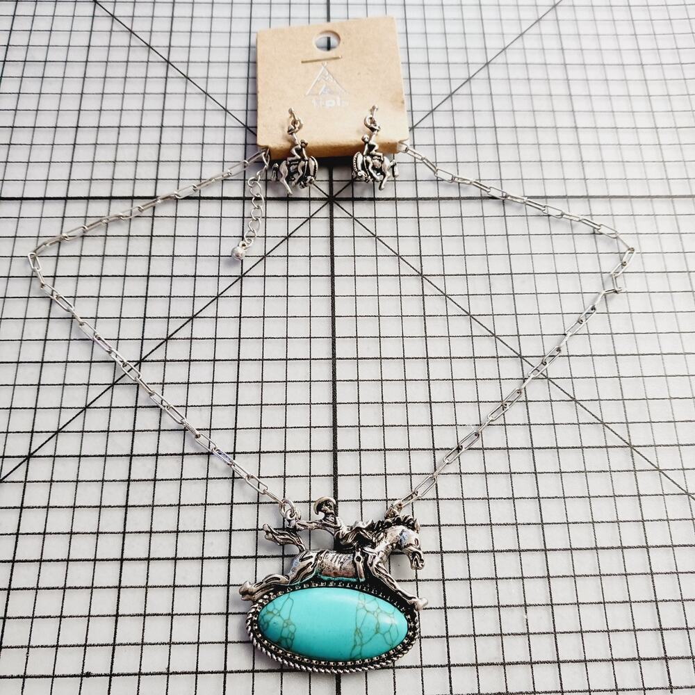 Necklace & Pierced Earring Set TIPI Bronco TX Barrel Racer Silver Tone Rodeo NWT